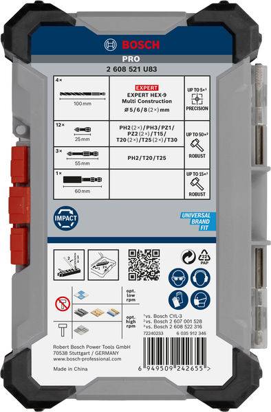 Zestaw wierteł Bosch Pro do prac wielomateriałowych. Zawiera bity Expert HEx9 oraz PH2, T20, T25. Odpowiedni do drewna, metalu i murów.