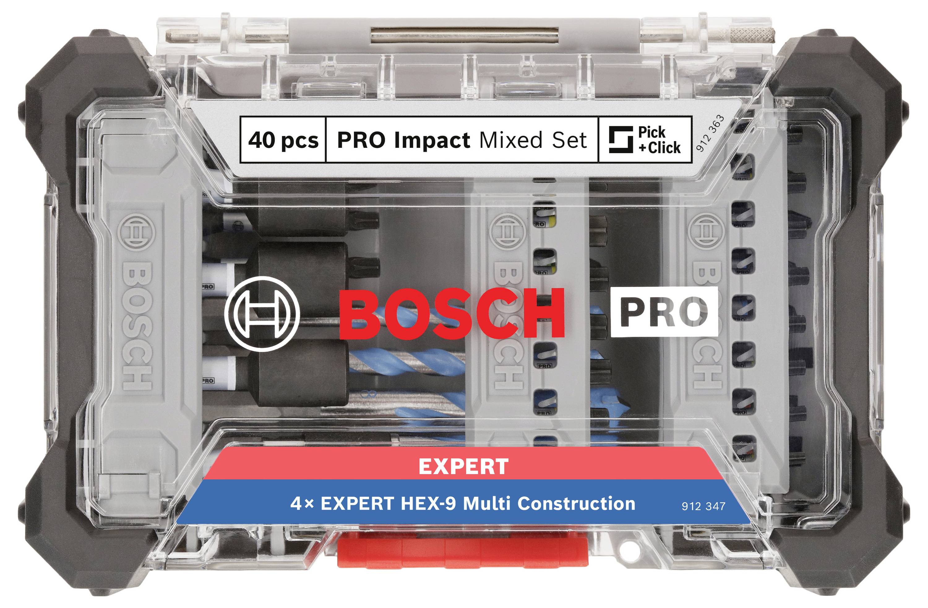 Przezroczyste pudełko z logo Boscha, wypełnione 40-elementowym zestawem mieszanych grotów udarowych PRO, ukryte w szarej obudowie z niebiesko-czarnymi bitami.