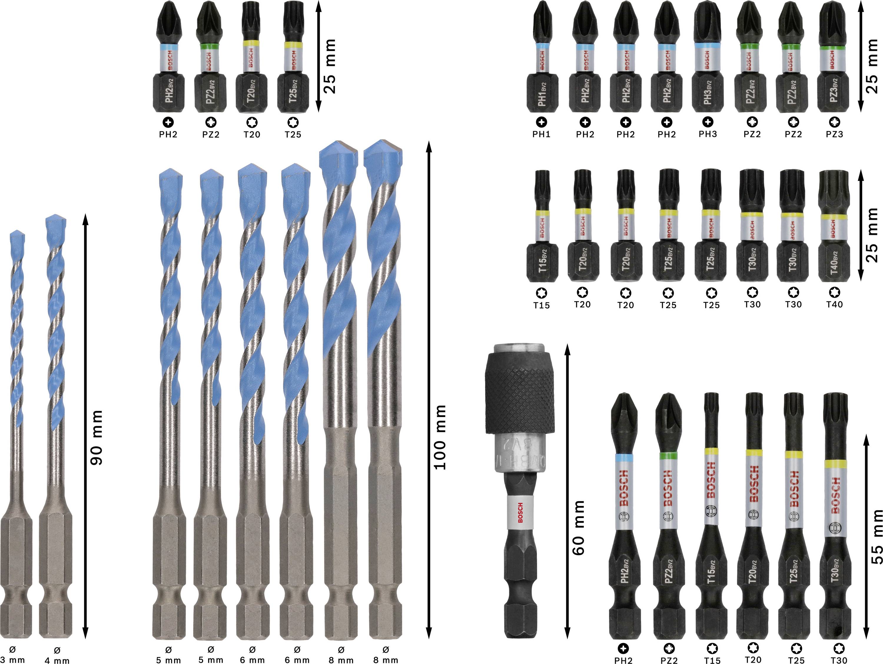 Na zdjęciu przedstawiono różne końcówki do wiercenia i wkręcania w różnych rozmiarach. U góry widoczne są oznaczenia rozmiarów poszczególnych końcówek.