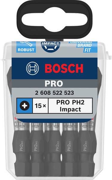 Bity wkrętarskie Bosch Pro Impact, 15 sztuk, rozmiar PH2, w przezroczystym opakowaniu z niebieską etykietą.