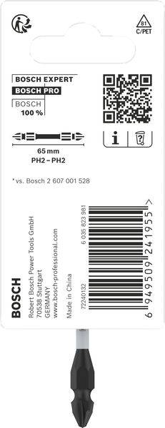 Etykieta na opakowaniu końcówek wkrętarskich Bosch: 'Bosch Expert Pro', PH2-PH2, 65 mm. Zawiera informacje o produkcie i kod QR.