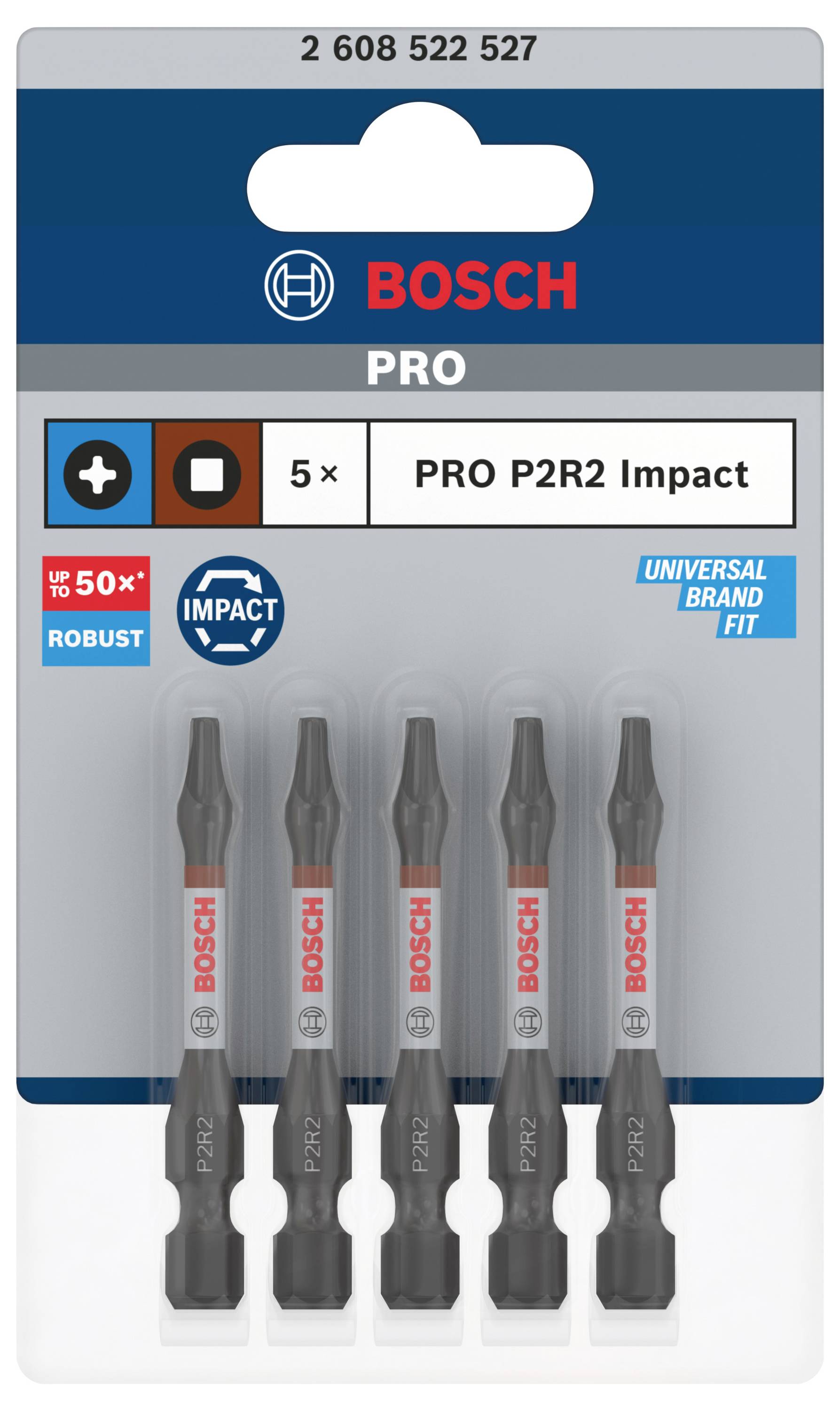 Zestaw pięciu udarowych końcówek wkrętarskich Bosch Pro P2R2 w niebieskim opakowaniu, wyróżniający się zwiększoną wytrzymałością i uniwersalnym dopasowaniem.