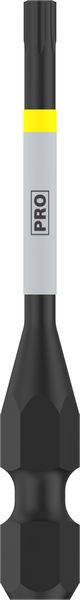 Bit narzędziowy 'PRO' w kolorze czarnym i szarym, z sześciokątną podstawą i żółtym pierścieniem, przeznaczony do stosowania w elektrycznych wkrętarkach.