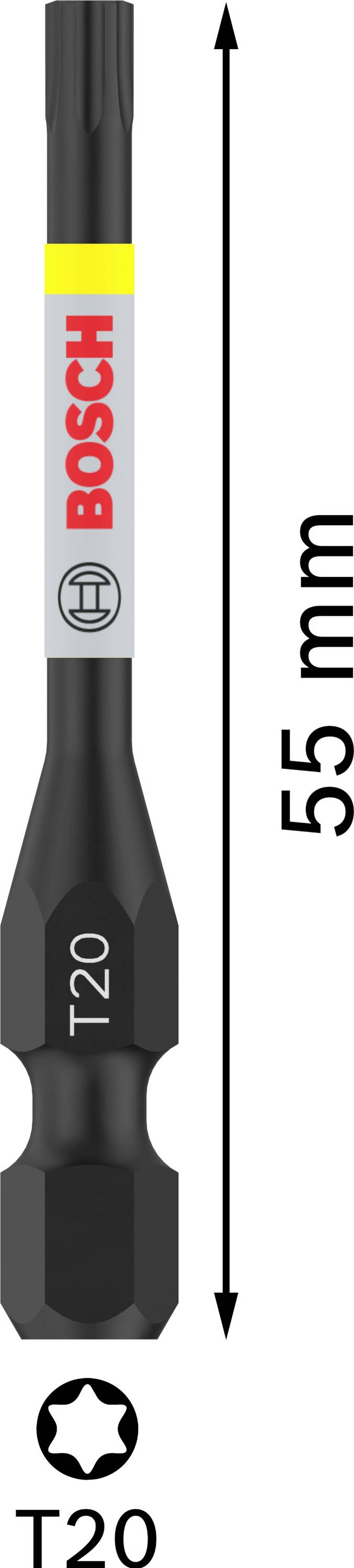 Końcówka wkrętakowa T20, długość 55 mm, z logo 'Bosch'. Przeznaczona do śrub Torx.