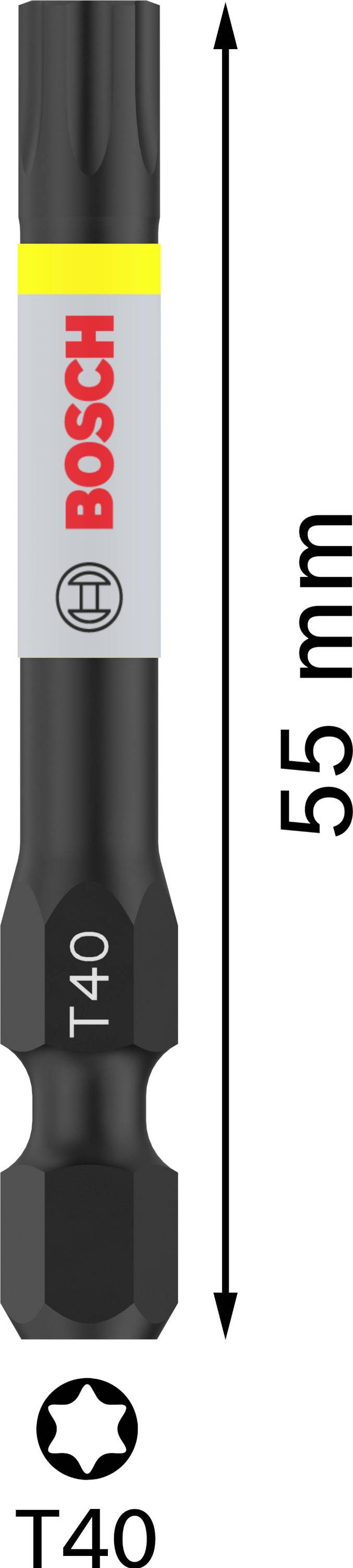 Bit Torx T40 firmy Bosch, długość 55 mm, czarny, z żółto-szarą etykietą. Nazwa marki napisana czerwoną czcionką.