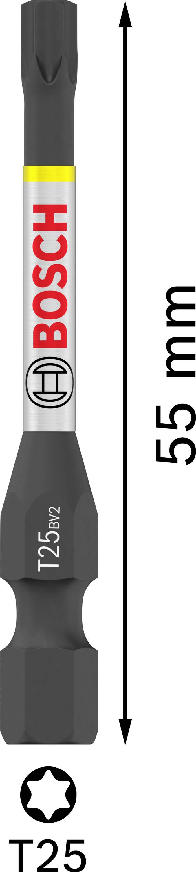 "Bit wkrętakowy T25" firmy Bosch, długość 55 mm, z główką Torx. Odpowiedni do precyzyjnego wkręcania za pomocą elektromagnetycznego klucza udarowego.