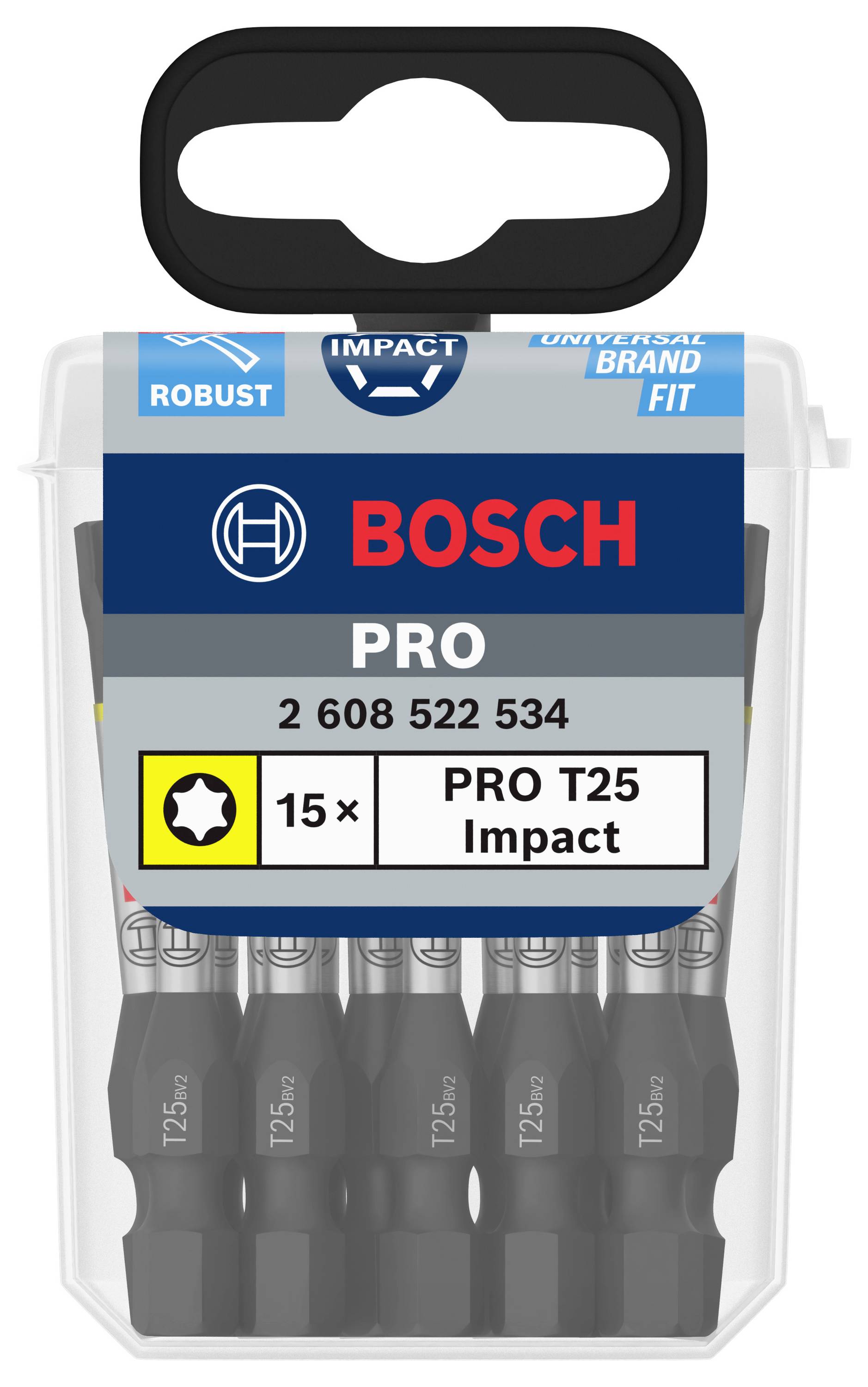 Pudełko z 15 końcówkami udarowymi Bosch PRO T25. Odpowiednie do wytrzymałych zastosowań.