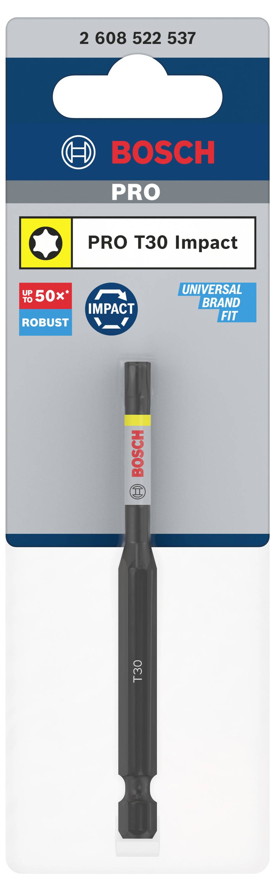 Opakowanie bitu wkrętaka udarowego 'Bosch Pro PRO T30' o wytrzymałej konstrukcji, kompatybilne z markami uniwersalnymi. Na górze znajduje się numer modelu.