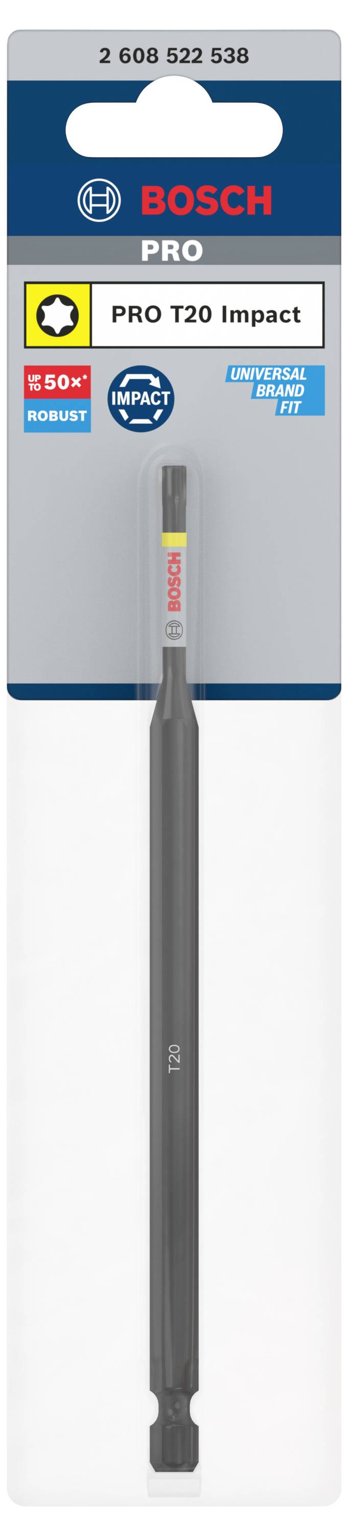 Opakowanie końcówek udarowych Bosch PRO T20. Tekst na opakowaniu: 'PRO T20 Impact, 250x wytrzymałe, wyjątkowo długa żywotność'.