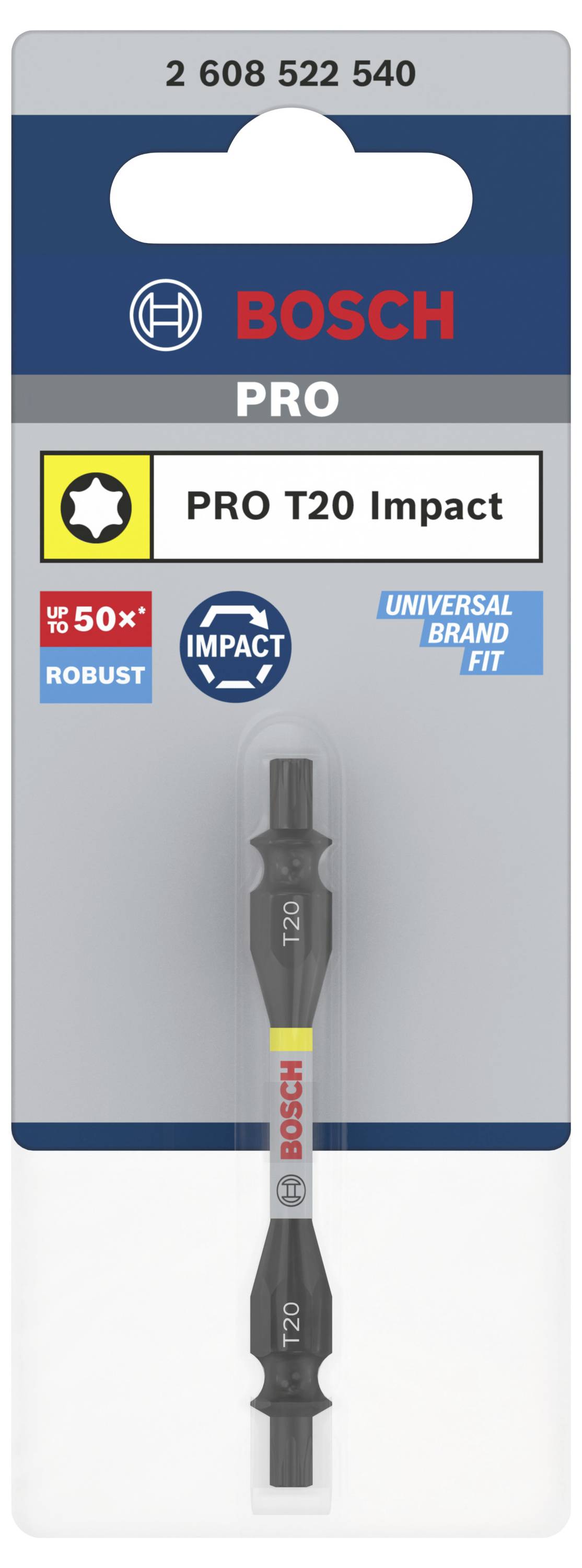 Bit udarowy Bosch PRO T20 w opakowaniu, wyróżniony napisami 'Wytrzymały', 'Uniwersalne dopasowanie marki'. Odpowiedni do wkrętów T20, zwiększa trwałość.