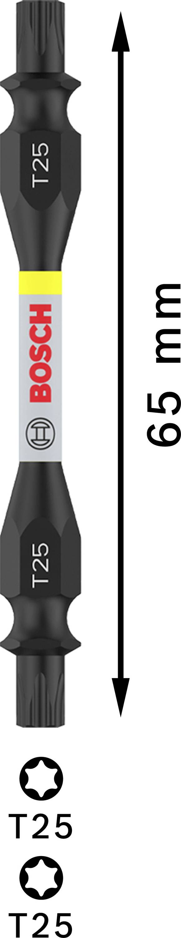 Bit podwójny T25, długość 65 mm, logo Bosch pośrodku. Strzałka wskazuje długość, symbole T25 na obu końcach.