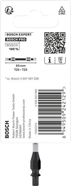 "BOSCH EXPERT BOSCH PRO" Bit wkrętakowy, długość 65 mm, T25-T25, z Chin. Kod QR i informacje o recyklingu widoczne.