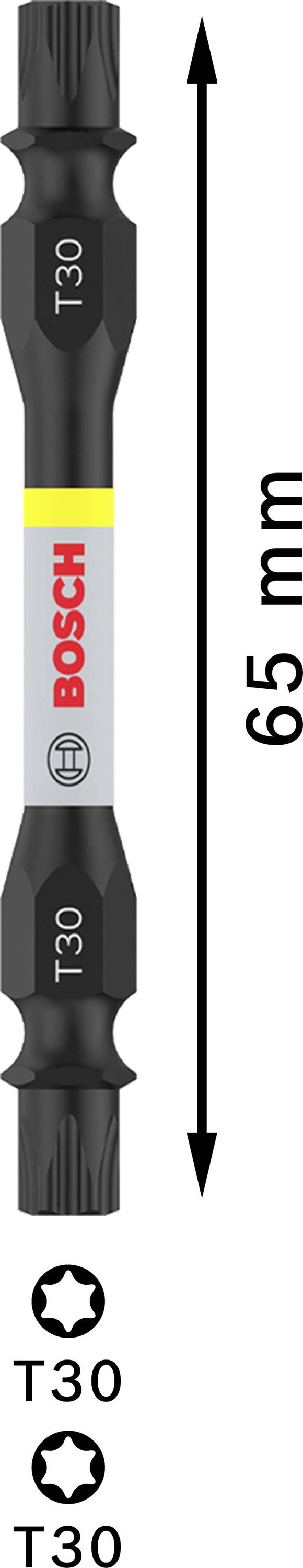 Dwustronny zestaw bitów śrubokrętowych marki Bosch o długości 65 mm, typ T30, przeznaczony do śrub Torx.