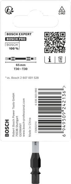 Uchwyt do bitów Bosch Expert Pro, 65 mm, T30-T30, z kodem kreskowym i kodem QR, wyprodukowany w Chinach.