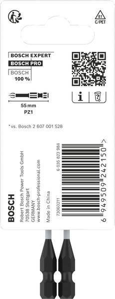 Opakowanie dla bitu wkrętakowego Bosch Expert PZ1, 55 mm. Zawiera kod QR, symbol recyklingu oraz numer produktu.