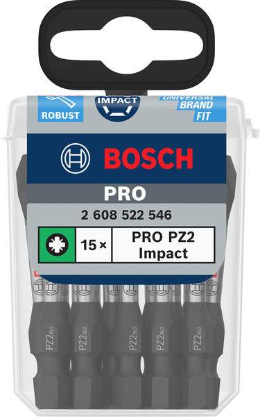 Opakowanie zawiera 15 udarowych bitów Bosch PRO PZ2, wytrzymałych i kompatybilnych z urządzeniami uniwersalnymi.