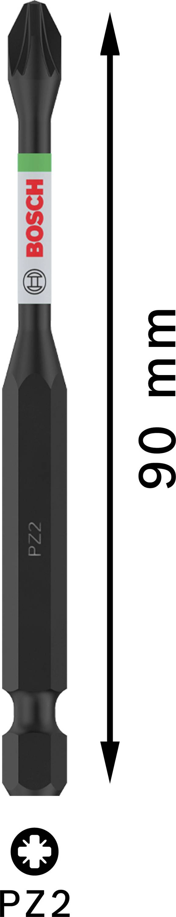 Bit wkrętakowy Bosch, PZ2, długość 90 mm, strzałka wskazuje długość bita.