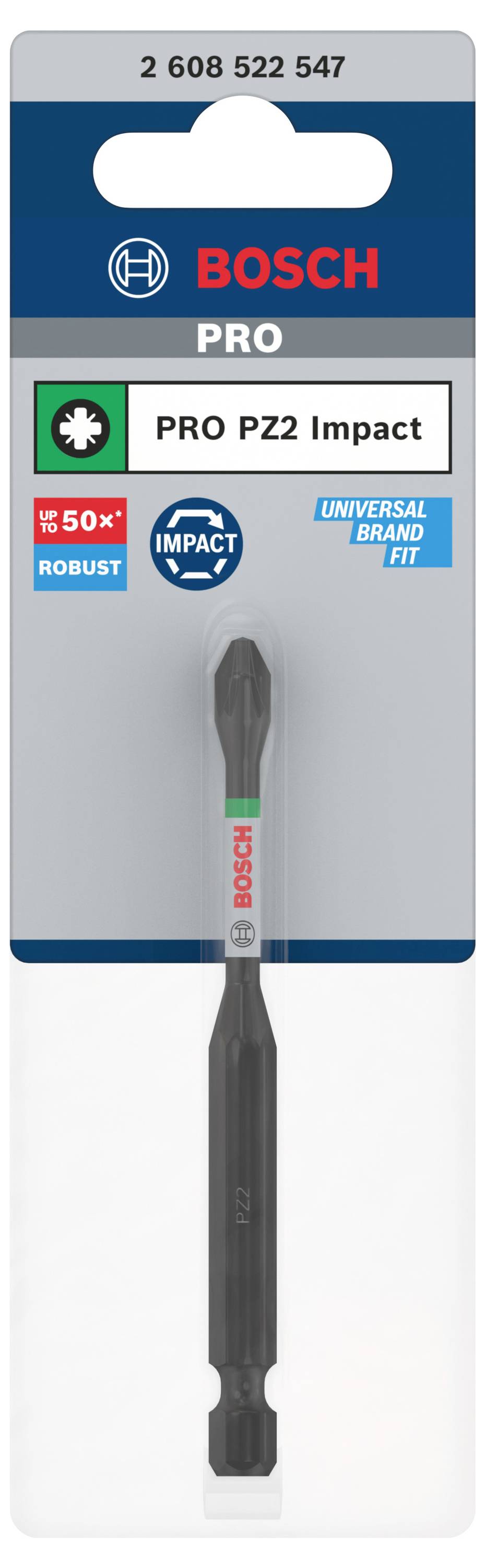 Wiertło 'Bosch PRO PZ2 Impact', solidne o wysokiej trwałości, odpowiednie dla różnych marek. Opakowanie prezentuje produkt i oznaczenia.
