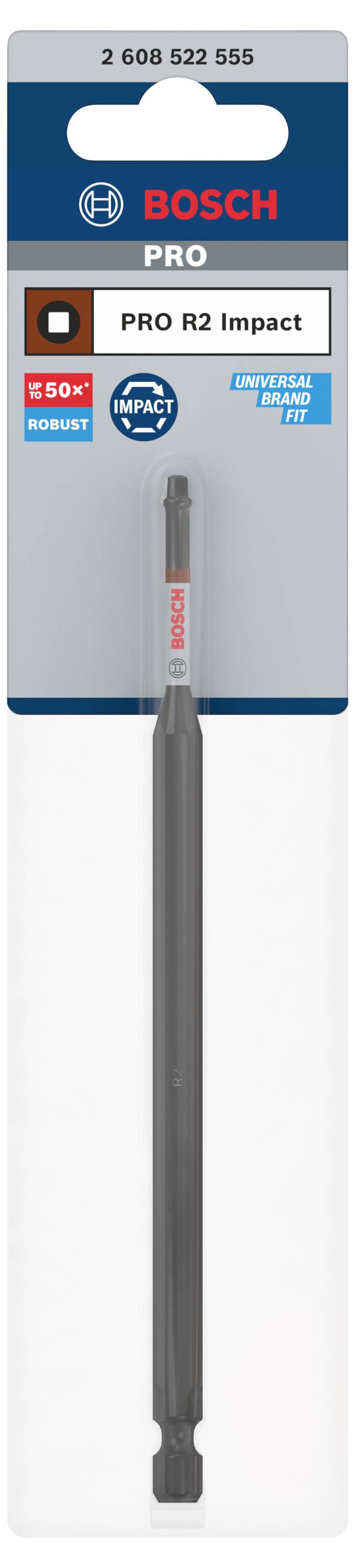 Opakowanie bitów udarowych Bosch PRO R2. Tekst: '250x wytrzymałe', 'Extra twarde', 'PRO R2 Impact'.