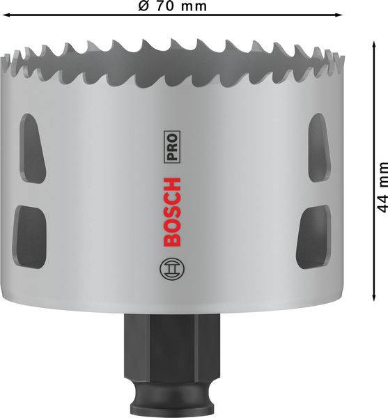 Dwumetalowa piła otworowa Bosch Pro, średnica 70 mm, wysokość 44 mm, odpowiednia do metalu i drewna, z wytrzymałą konstrukcją zębów tnących.
