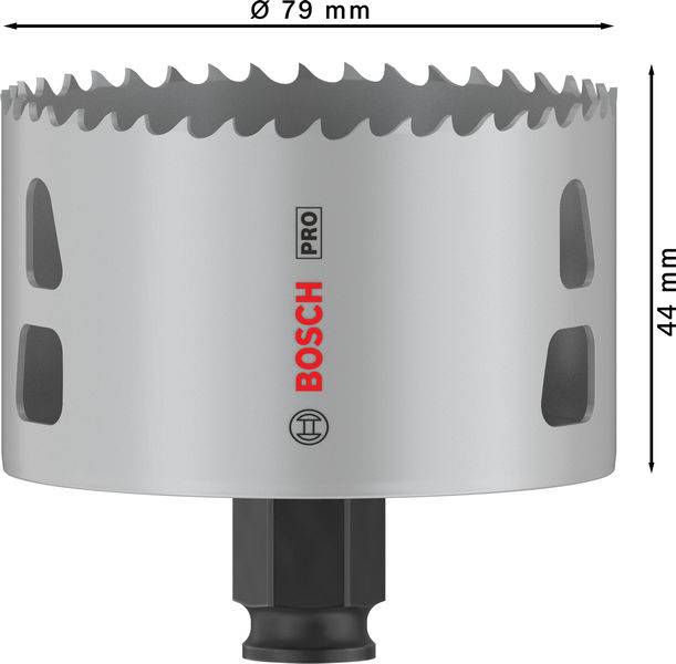 Dwumetalowa piła otworowa Bosch Pro, średnica 79 mm, wysokość 44 mm, z uzębieniem do otworów w metalu.