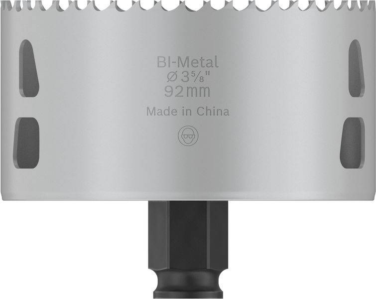 Metalowa korona wiertnicza z bimetalu, średnica 92 mm, wyprodukowana w Chinach, z ząbkowaną krawędzią do cięcia.