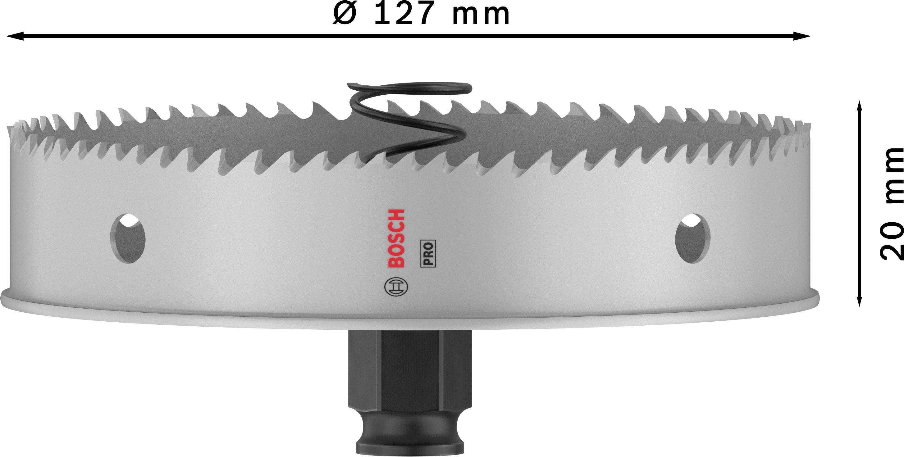 Piła otwornica o średnicy 127 mm i wysokości 20 mm, z ostrymi zębami i czarnym trzpieniem u góry, marka Bosch Pro, szary metal.