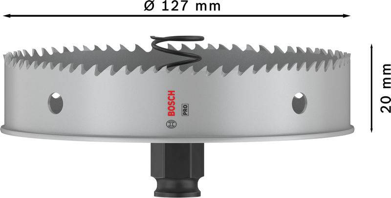 Korona wiertnicza o średnicy 127 mm i wysokości 20 mm, srebrna, z logo Bosch. Idealna do precyzyjnych prac wiertniczych.