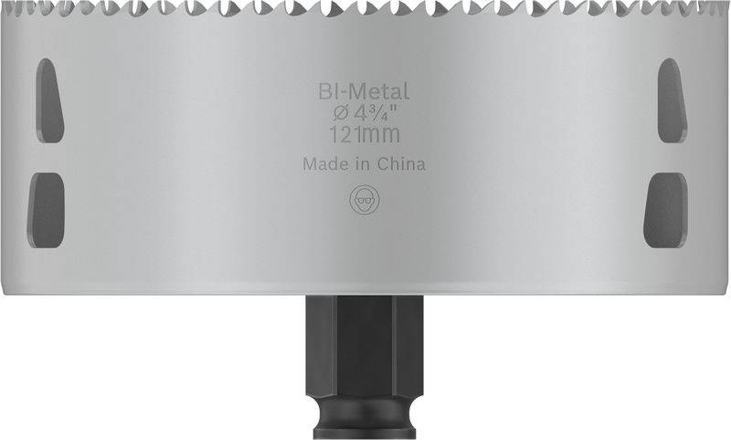 Korona wiertnicza z bimetalu o średnicy 121 mm, w kształcie cylindra, odpowiednia do cięcia w różnych materiałach.
