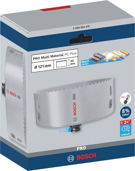 Opakowanie piły walcowej Bosch PRO Multi Material o średnicy 121 mm. Prezentuje zdjęcie produktu oraz informacje dotyczące materiałów i trwałości.
