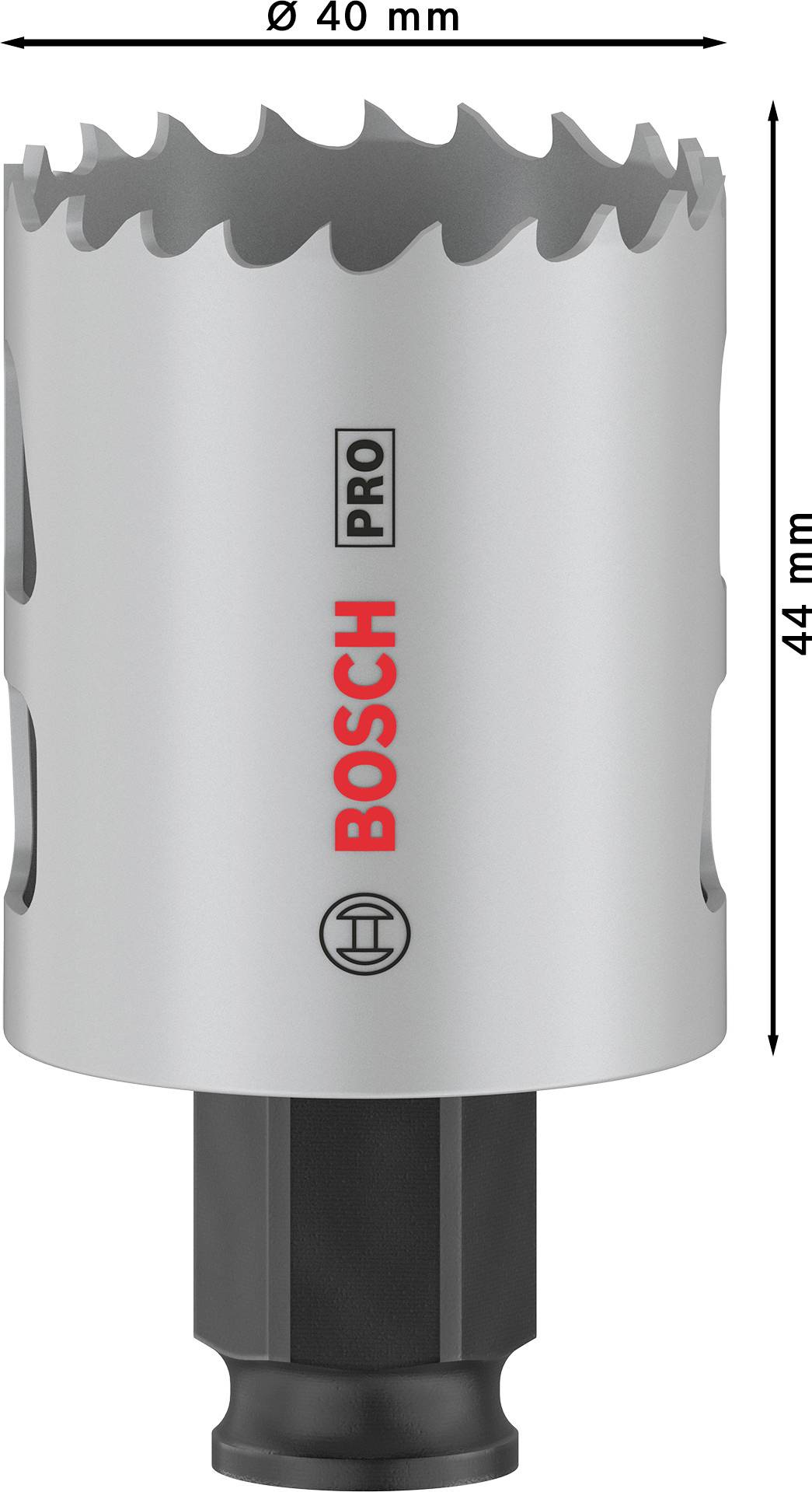 Korona wiertnicza o średnicy Ø 40 mm i wysokości 44 mm. Srebrne, zębate krawędzie z czarnym trzonkiem. Oznaczona napisami 'BOSCH' i 'PRO'.