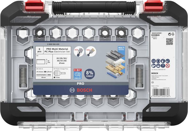 Szary zestaw elektryczny Bosch Pro Multi Material PC Plus w przezroczystym plastikowym pudełku z czerwonymi zamknięciami. Zawiera różne rodzaje wierteł.