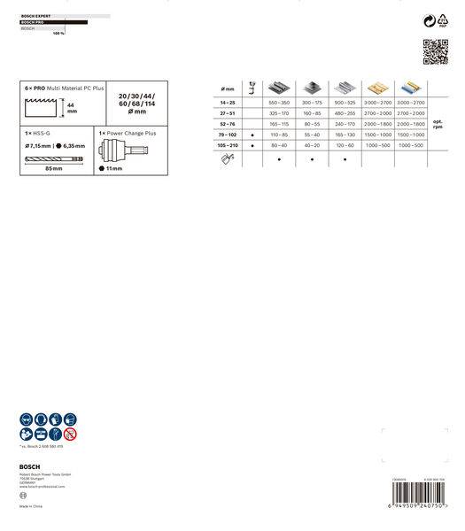 Opakowanie 'Bosch Expert' prezentuje właściwości brzeszczotu. Tabela zawiera listę kompatybilnych materiałów i grubości. W prawym górnym rogu znajduje się kod QR.
