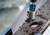 Wiertarka z końcówką wierci okrągły otwór w desce drewnianej. Wióry drewniane są rozrzucone wokół otworu.