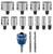 Jedenaście pił wieńcowych w różnych rozmiarach, dwa wiertła i adapter do wiertarek. Nazwa marki widoczna na narzędziach.