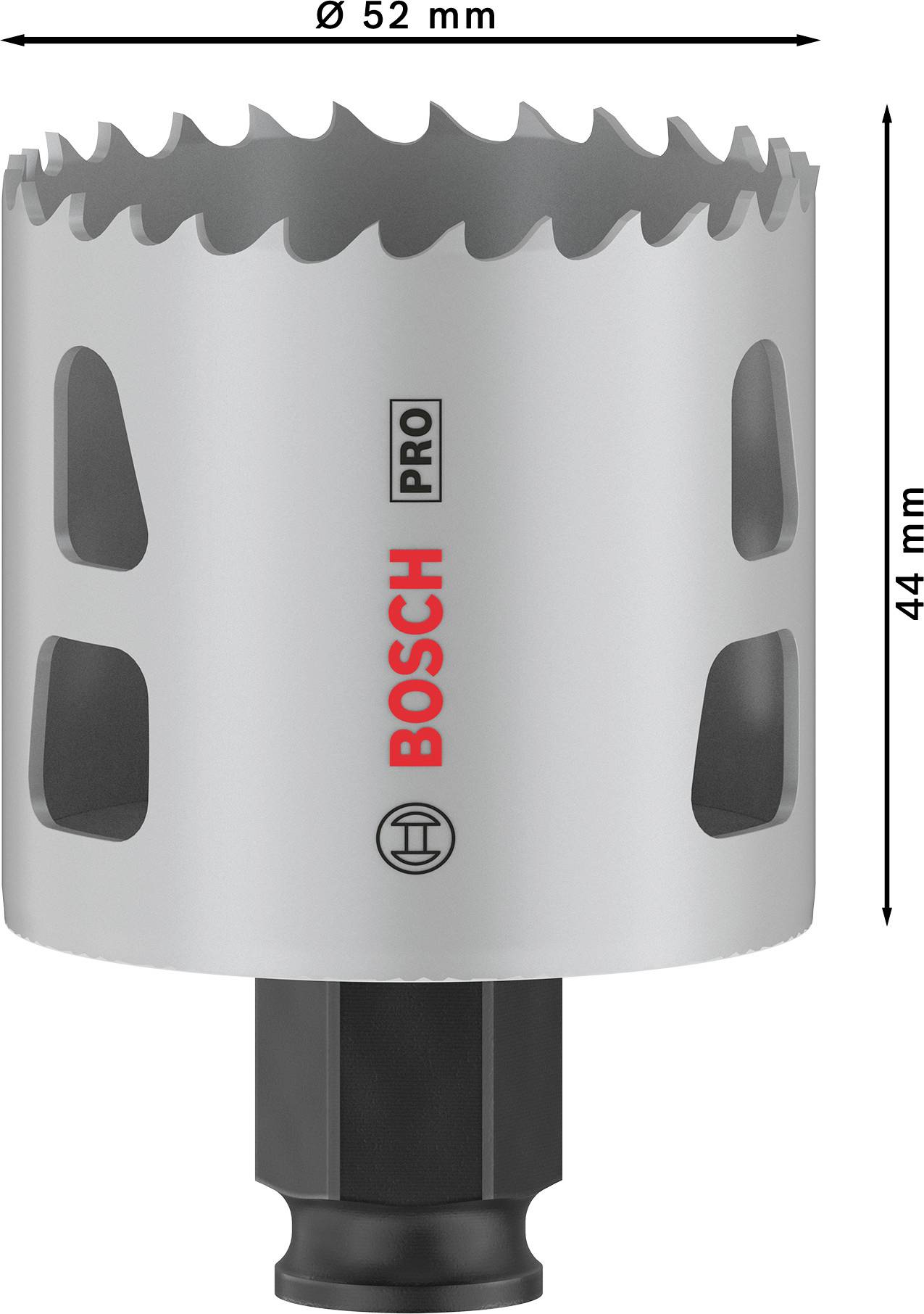 Koronka piłowa Bosch Pro o średnicy 52 mm i wysokości 44 mm, przeznaczona do wiercenia w drewnie i metalu. Obudowa w kolorze srebrnym z czarnym trzonkiem.