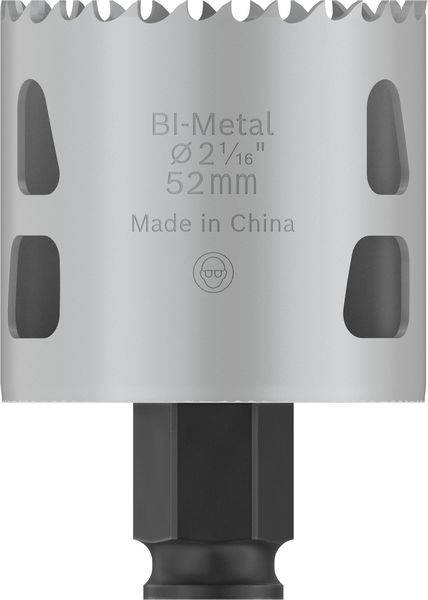 Dwumetalowa piła otwornica, 52mm, Made in China, na srebrnej głowicy wiertniczej z ząbkowaną krawędzią i czterema otworami bocznymi.