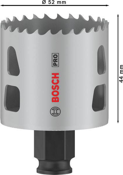 Korona piły do metalu o średnicy 52 mm i wysokości 44 mm, marka 'Bosch Pro'. Idealna do wiercenia w powierzchniach metalowych.