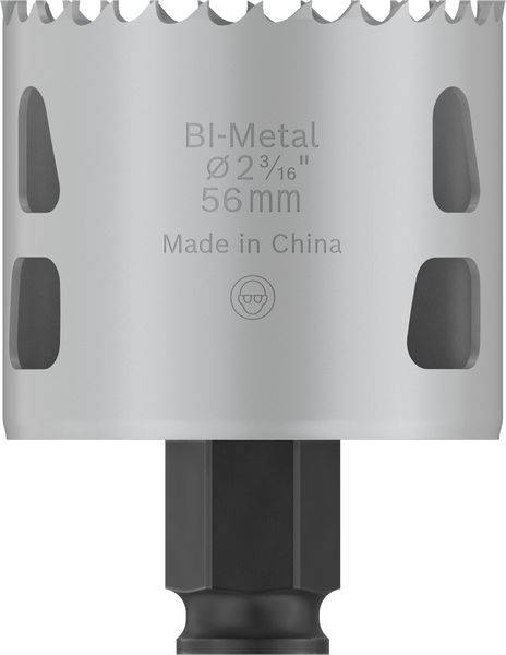 Korona wiertnicza z bimetalu, 56 mm średnicy, srebrno-szara, z nadrukiem 'Made in China'.