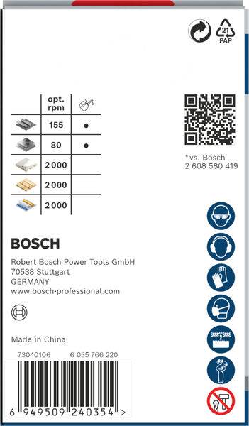 Odwrotna strona opakowania wierteł Boscha. Prezentuje zalecane prędkości obrotowe dla różnych materiałów. Zawiera kod QR i informacje o producencie.