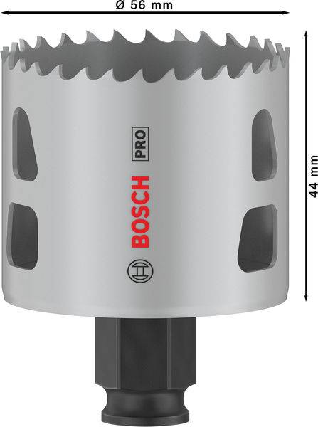 Korona wiertnicza firmy Bosch o średnicy 56 mm i wysokości 44 mm. Widoczny jest napis 'Bosch Pro'.