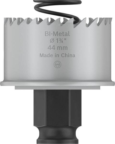 Piła otwornica do metalu z ząbkowanymi krawędziami, oznaczona jako 'BI-Metal Ø 1¾" 44 mm Wyprodukowano w Chinach', przeznaczona do nasadek wiertniczych.