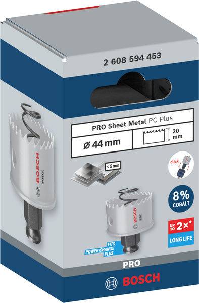 Opakowanie piły otworowej Bosch o średnicy 44 mm do metalu. Zawiera 8% kobaltu dla dłuższej trwałości. Kompatybilna z systemem Power Change Plus.