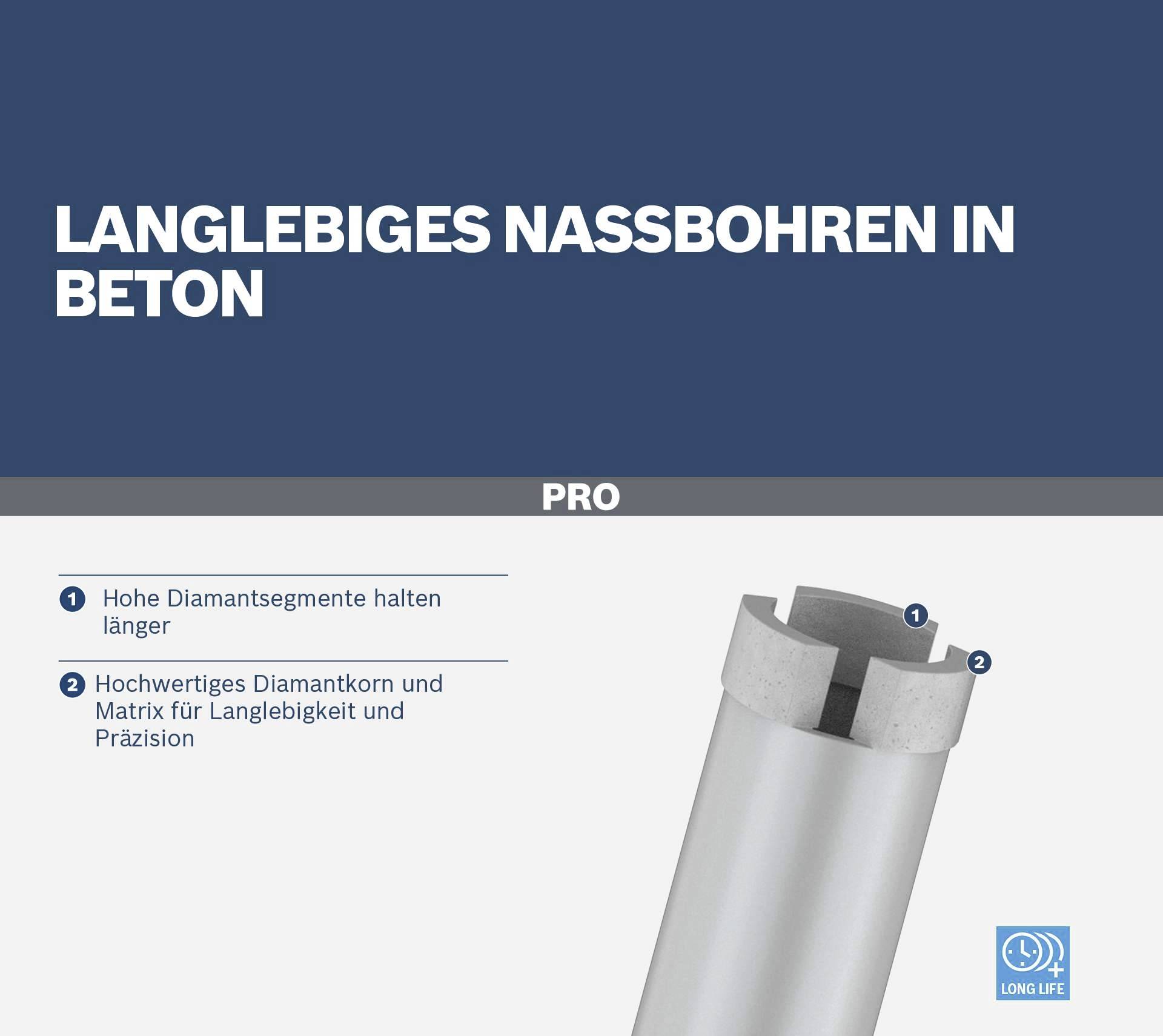 Długotrwałe wiercenie na mokro w betonie. Wysokie segmenty diamentowe działają dłużej. Wysokiej jakości ziarna diamentowe i matryca gwarantują trwałość i precyzję.