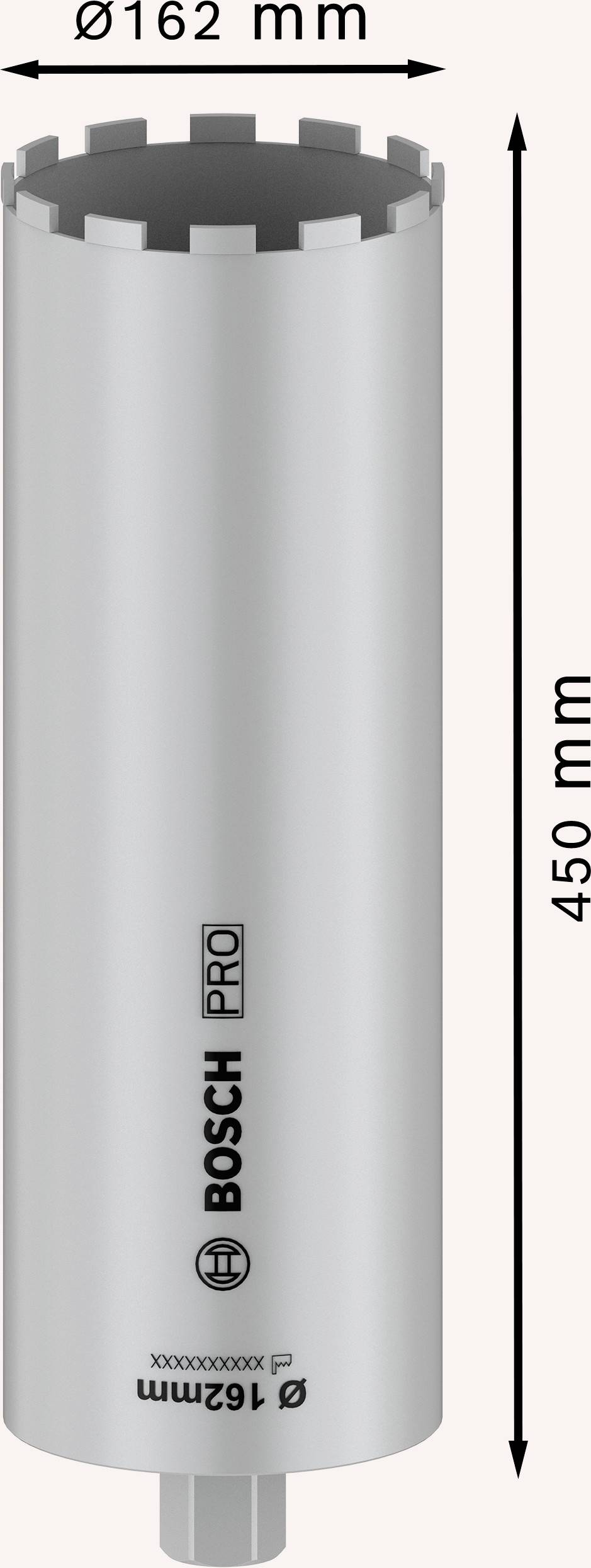 Cylindryczna głowica wiertnicza o średnicy Ø162 mm i wysokości 450 mm, oznaczona napisem 'BOSCH PRO'.