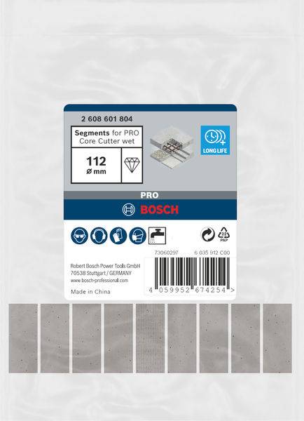 Opakowanie segmentu BOSCH dla wiertła koronowego PRO do pracy na mokro, średnica 112 mm. Prezentuje informacje o produkcie i szczegóły producenta.