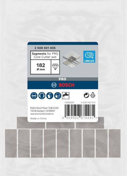 Segmenty do profesjonalnego mokrego rdzeniowego przecinaka PRO, średnica 182 mm. Opakowanie produktowe firmy Bosch, prezentujące segmentowe części do profesjonalnego narzędzia do cięcia na mokro.