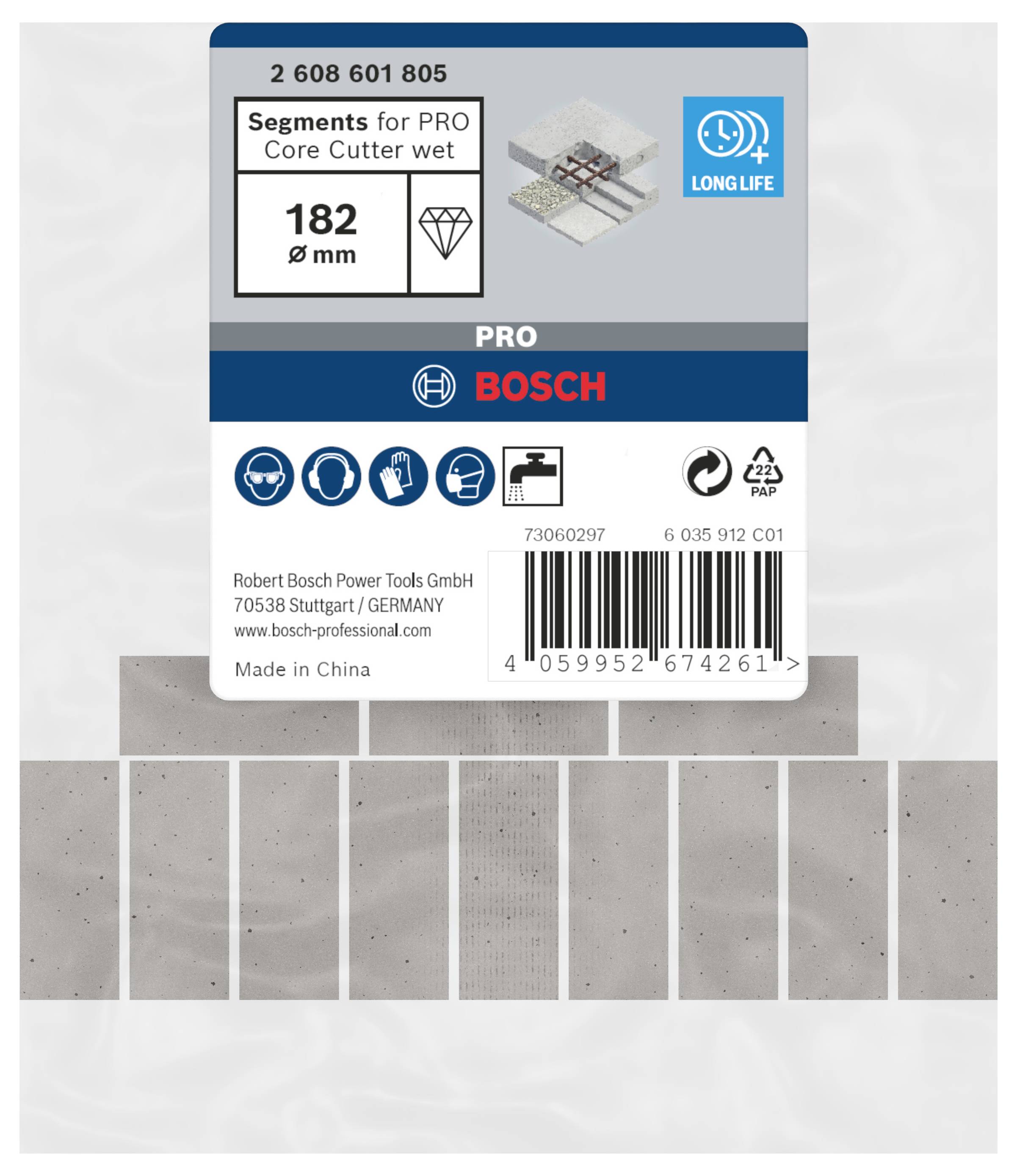 Segment PRO Bosch do wierceń rdzeniowych na mokro, średnica 182 mm, długa żywotność. Wyprodukowano w Chinach, Bosch Power Tools GmbH.