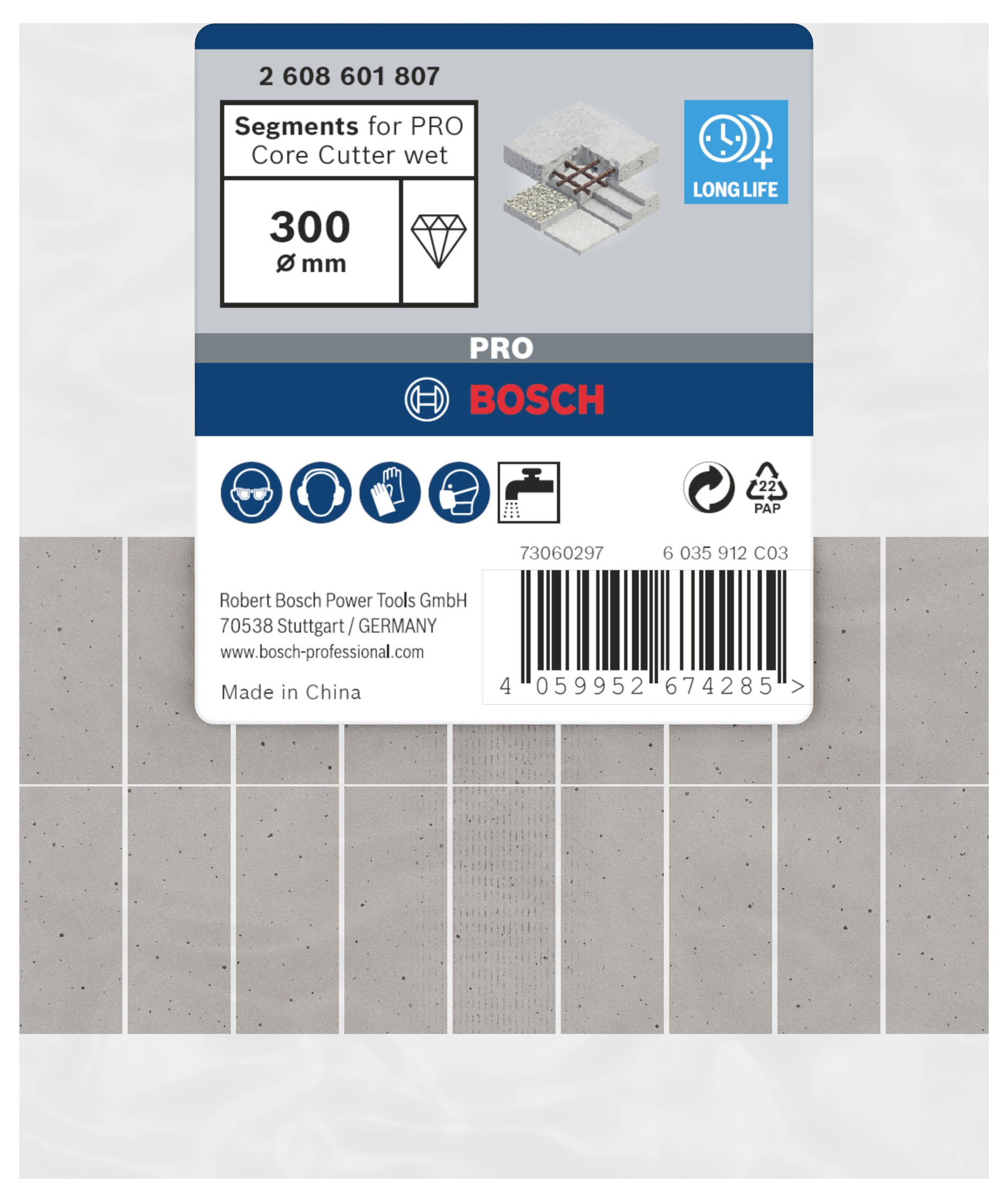 Opakowanie segmentów do wierteł koronowych Bosch, rozmiar 300 mm, do PRO Core Cutter na mokro. Logo 'LONG LIFE'. Wyprodukowano w Chinach.