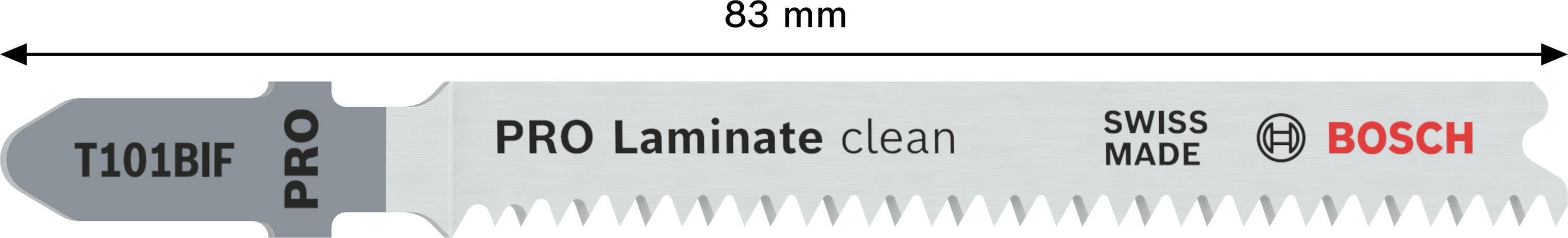 Brzeszczot z napisem 'PRO Laminate clean', długość 83 mm, wyprodukowany w Szwajcarii przez Bosch, przeznaczony do cięcia laminatu.